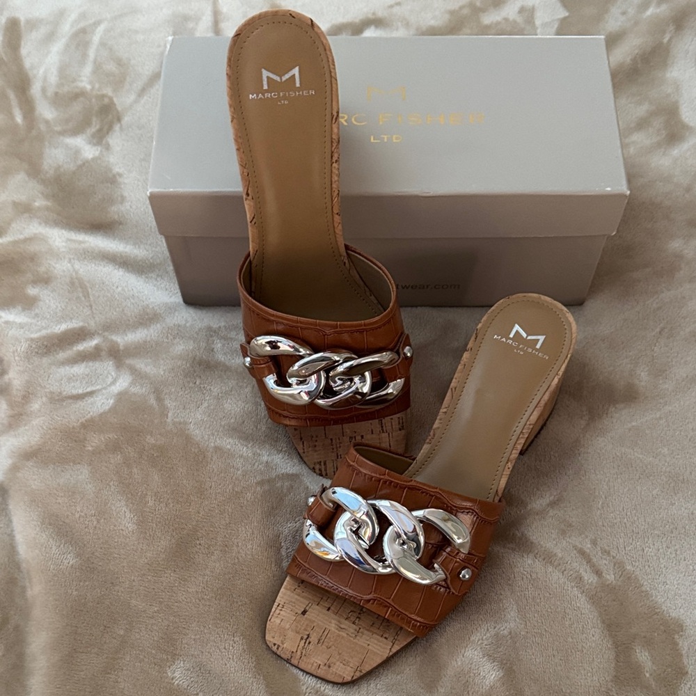 Marc Fisher Tan Heels with Silver Chain Detail